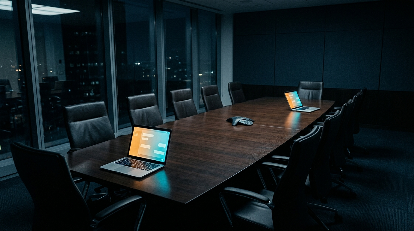 Two identical laptop screens on opposite ends of a boardroom table, each displaying a contract negotiation chat window, the room otherwise unoccupied