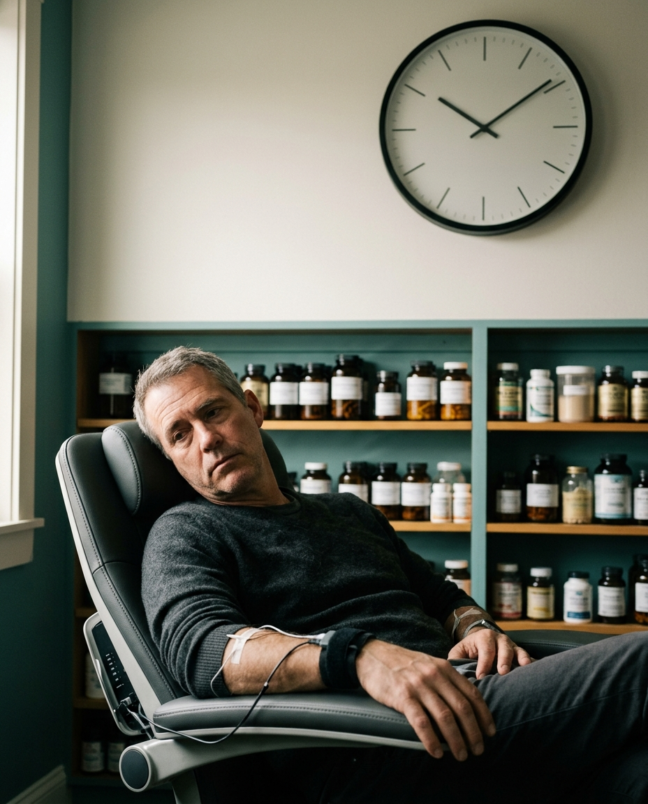 A middle-aged client sits hooked to monitoring equipment in a clinical room lined with supplement bottles, a wall clock prominent above him