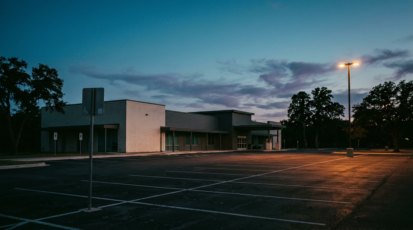 A row of empty Austin clinic parking spaces at dusk with a single reserved sign reading "Founder Only"
