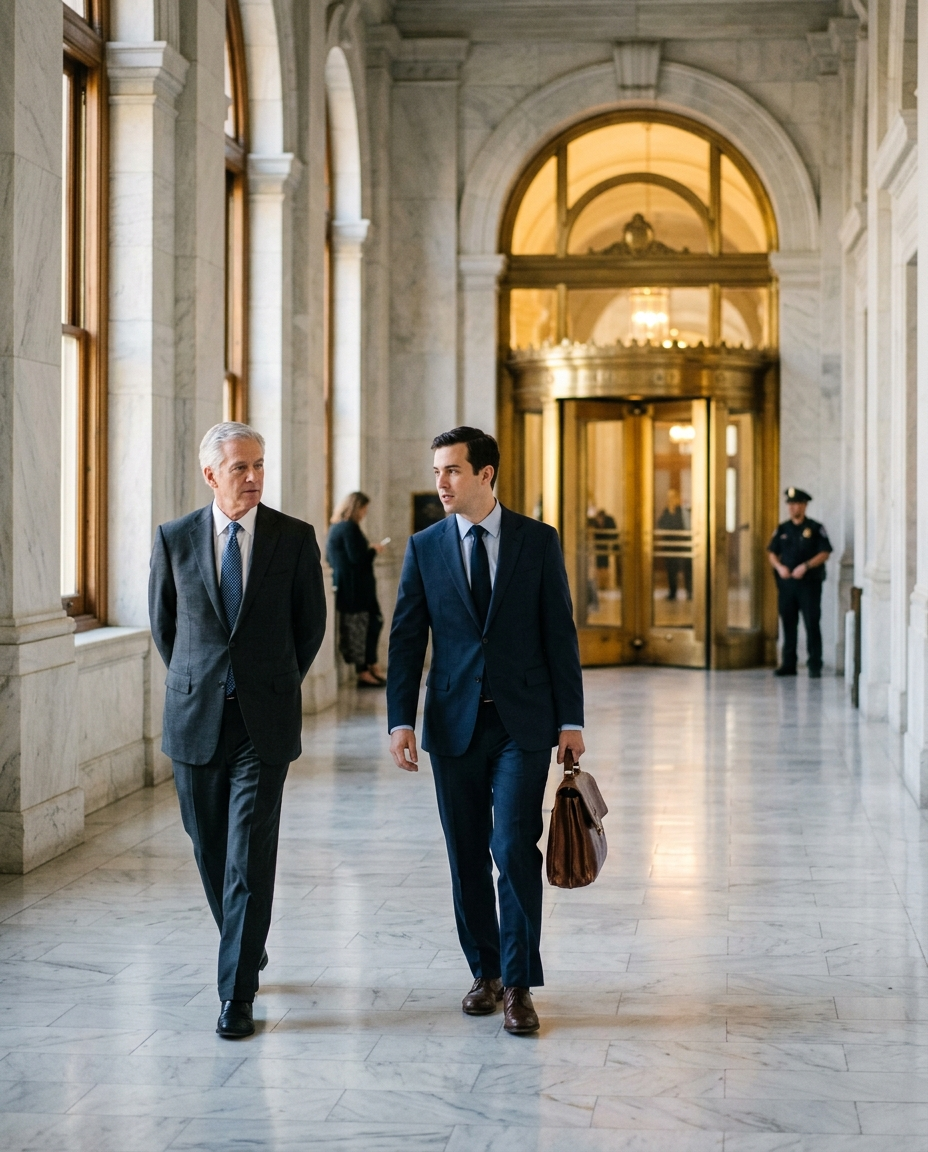 A senator in a suit walking through a spinning brass door beside a man carrying a briefcase, marble hallway, editorial photojournalism style