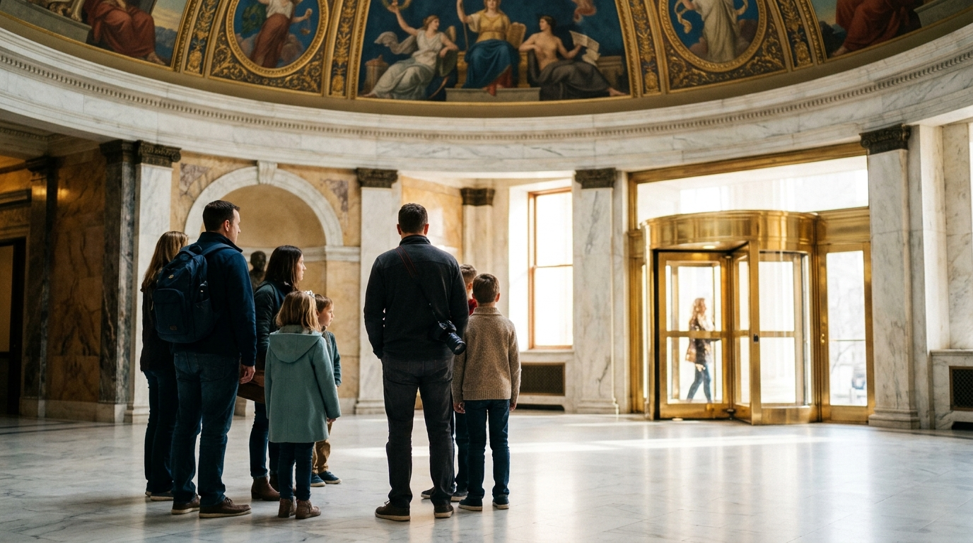 A tour group in a grand marble rotunda turned to watch a revolving door instead of the ceiling, editorial photojournalism style