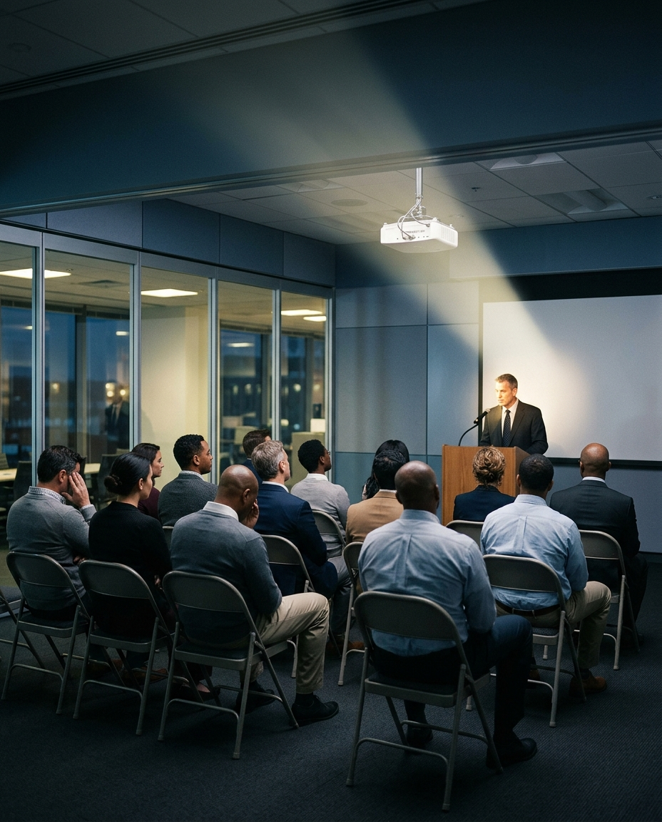 A somber corporate town hall in a conference room, employees seated facing an executive at a podium under harsh projector light