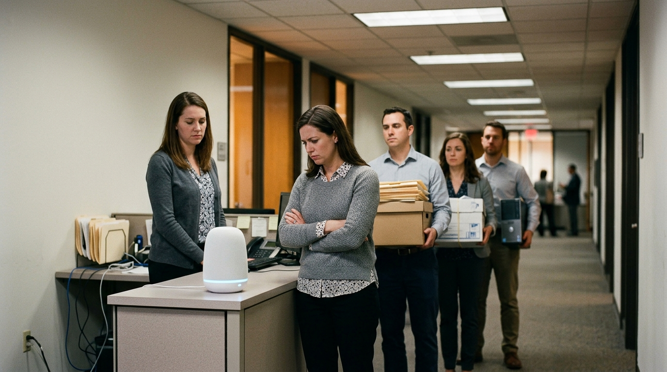 A single IT support desk counter with a small speaker-shaped chatbot device, a frustrated employee standing across from it, a line of people waiting behind