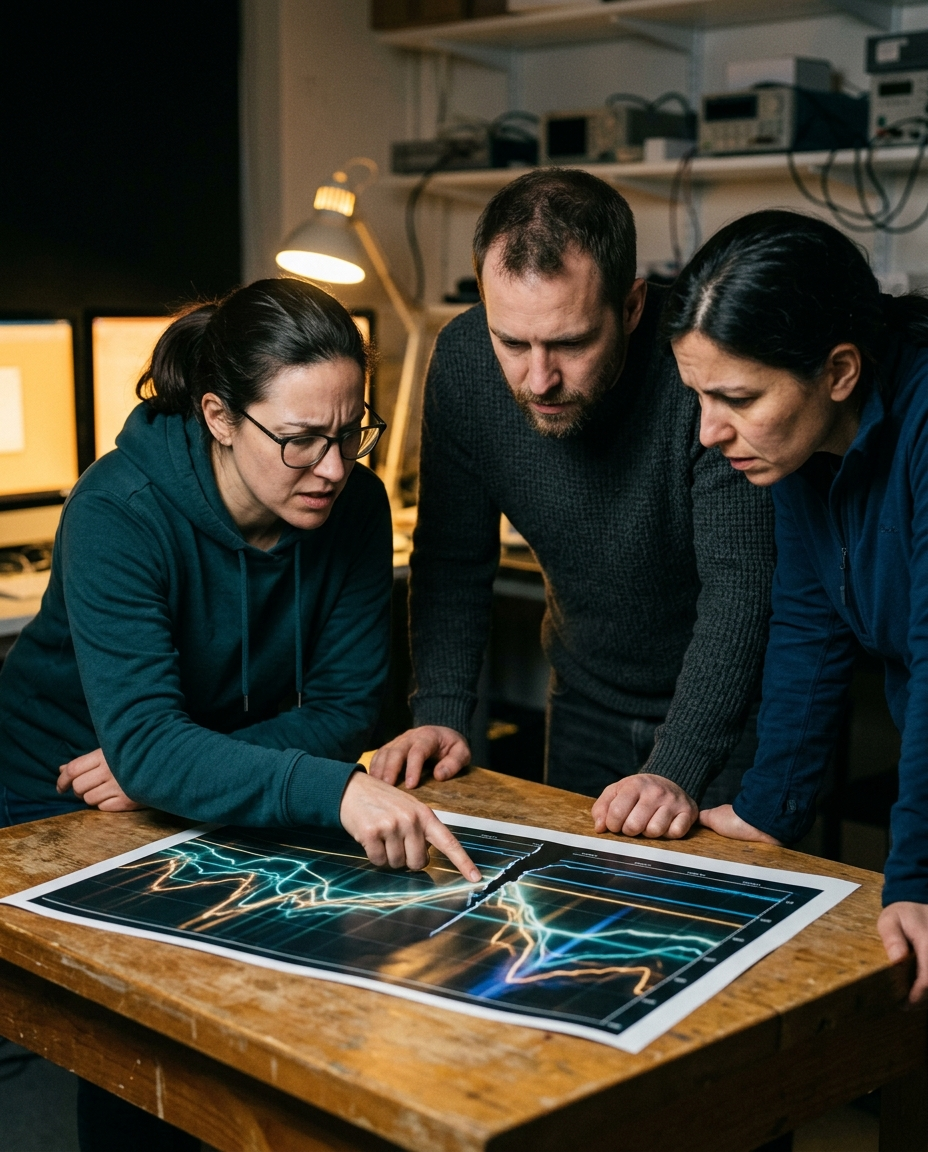 Researchers gather around a printed data chart on a table, one pointing at an odd break in the line