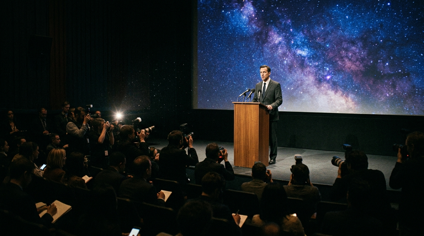 An institute director stands at a podium facing a room of reporters, a glowing star-field display behind him