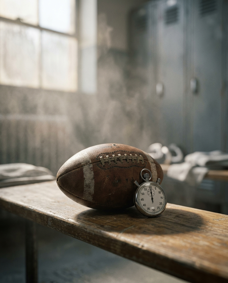 A stopwatch and a football sit side by side on a locker room bench, the stopwatch's hands frozen