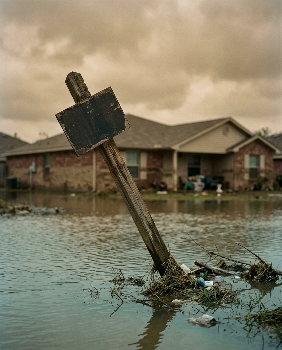 A weathered for-sale sign leaning in shallow floodwater outside a suburban house