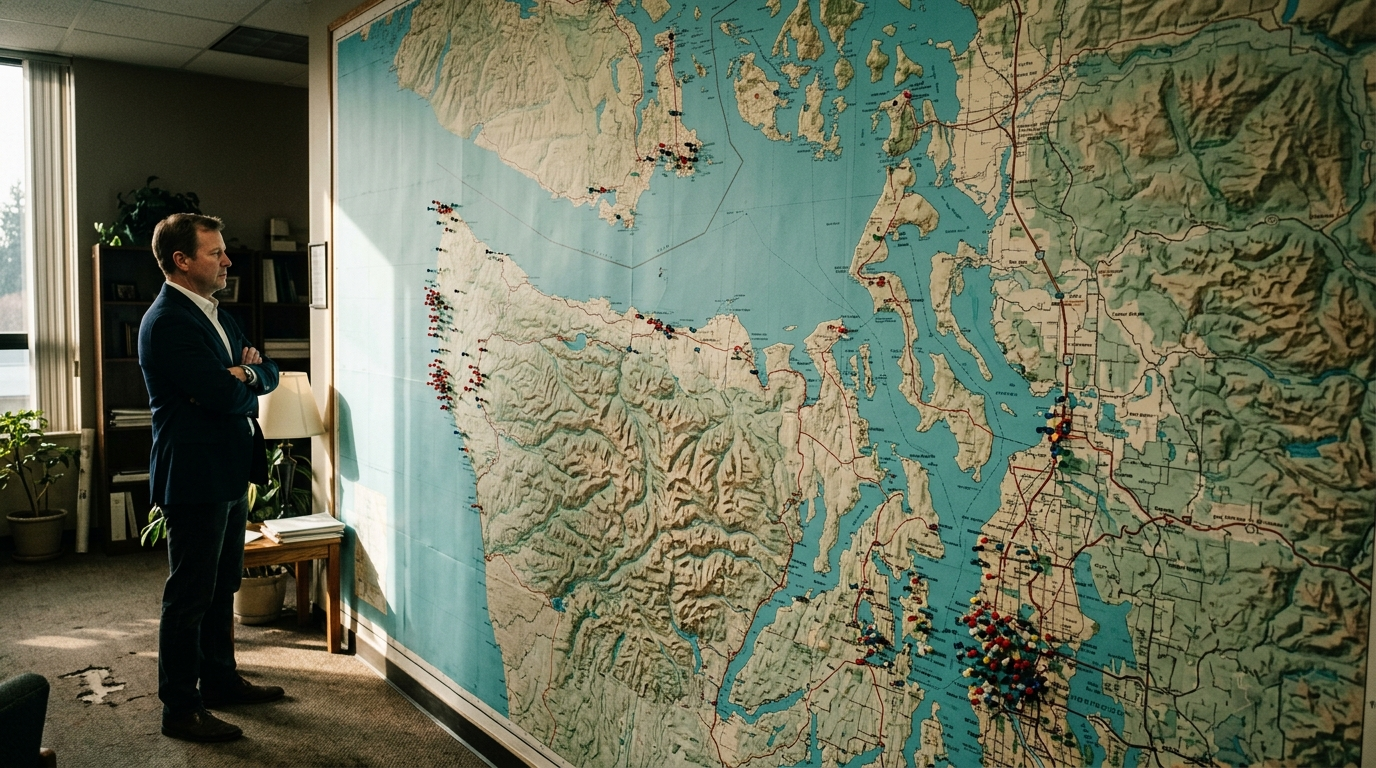 A realtor's office wall covered in coastal property maps with countdown numbers pinned to each pin