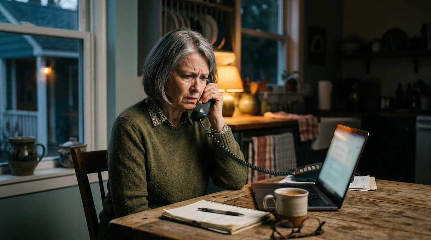 A worried-looking woman on the phone at her kitchen table, a laptop open beside her showing a household activity report