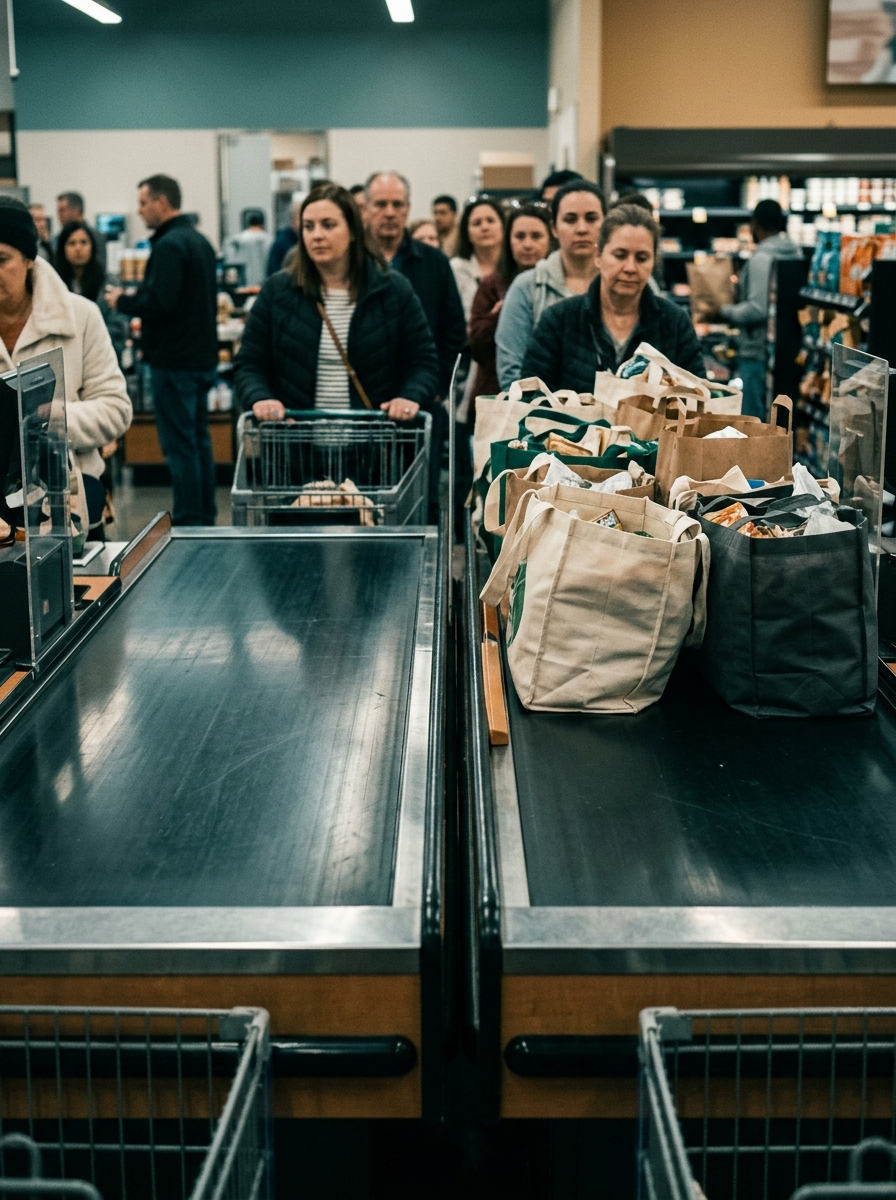 Two grocery store checkout lanes side by side, one empty and gleaming, the other backed up with full carts, shot in cinematic editorial light