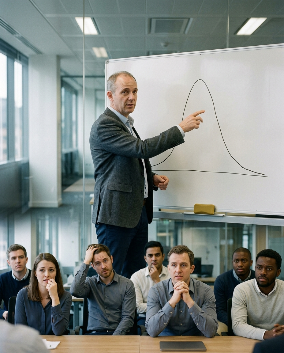 An HR presenter gestures at a steep bell curve on a whiteboard in front of a nervous conference room