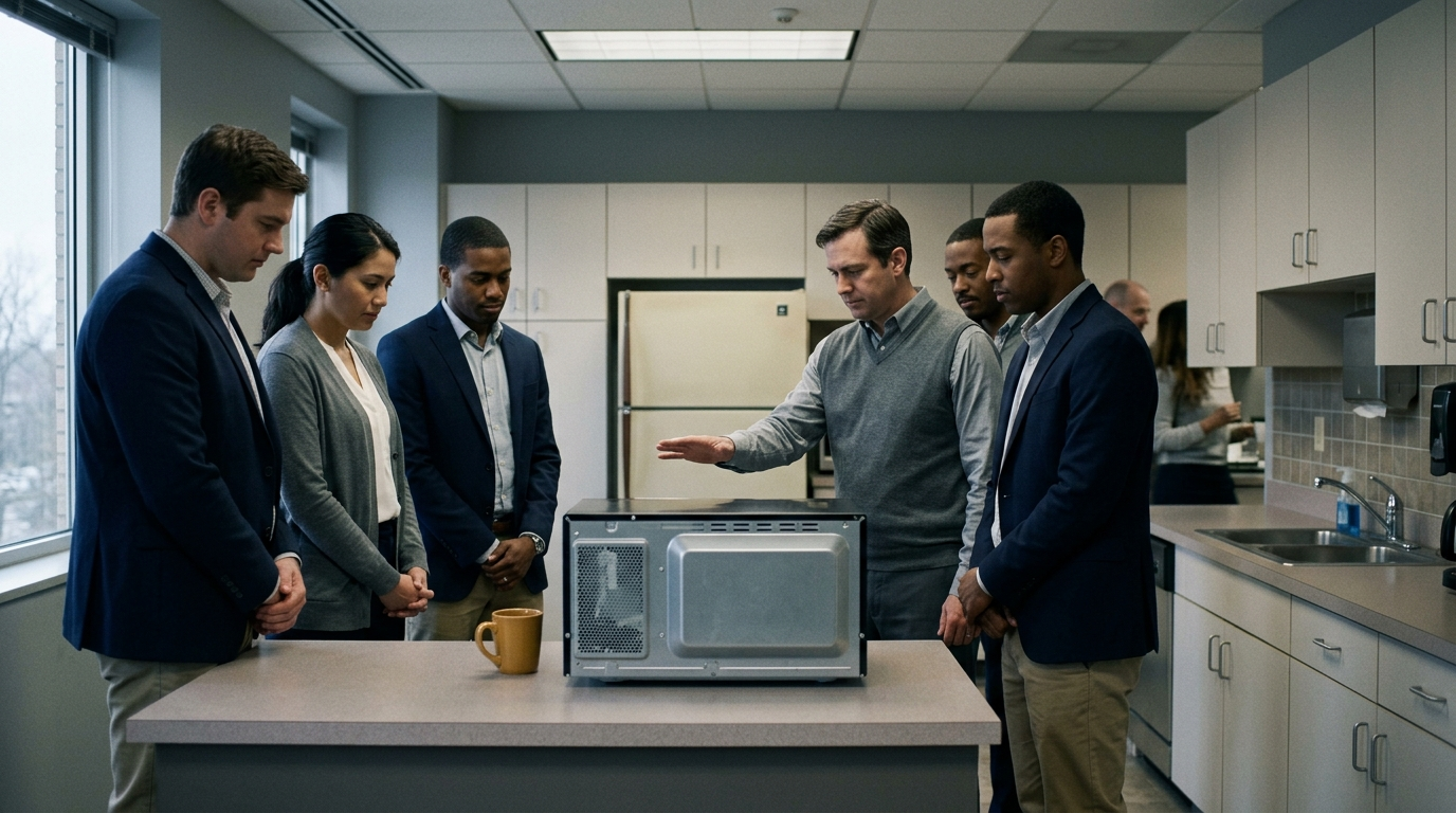 Coworkers gather quietly near a breakroom microwave, one holding a hand near it as if it still held warmth