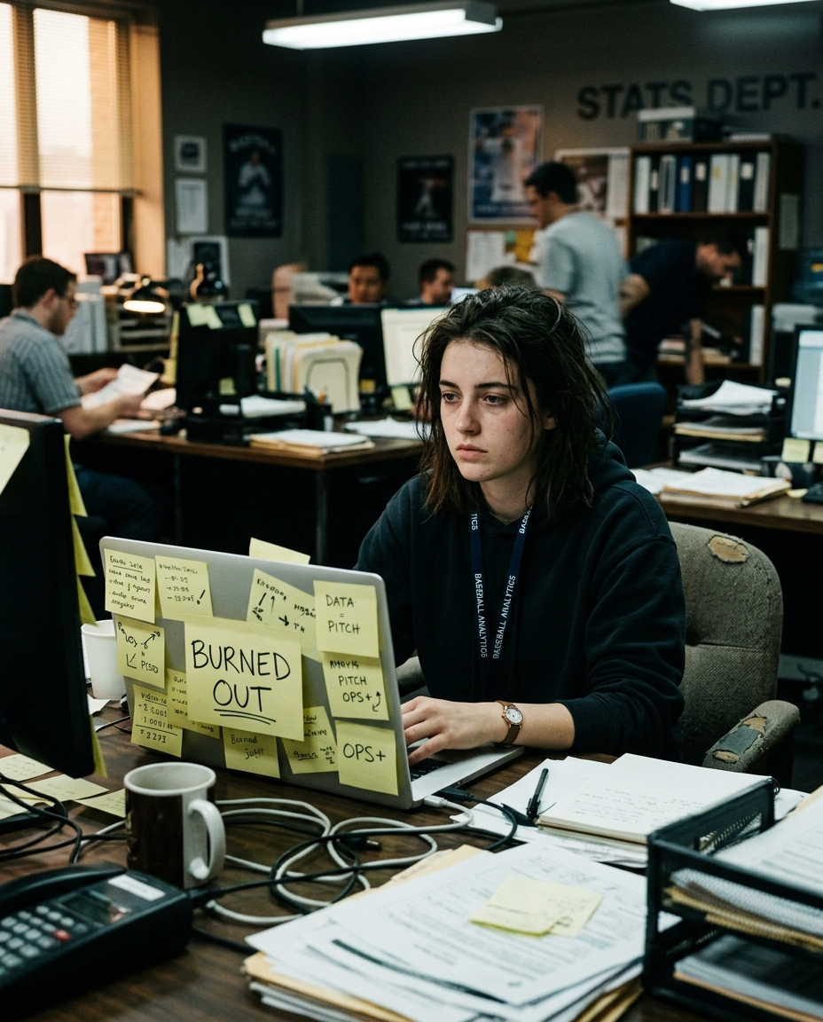A young Sonoran Heat data analyst stares blankly at a laptop covered in sticky notes reading VIBES