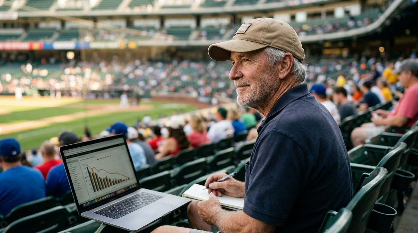 A veteran scout in the stands nods approvingly while ignoring a laptop showing declining performance charts