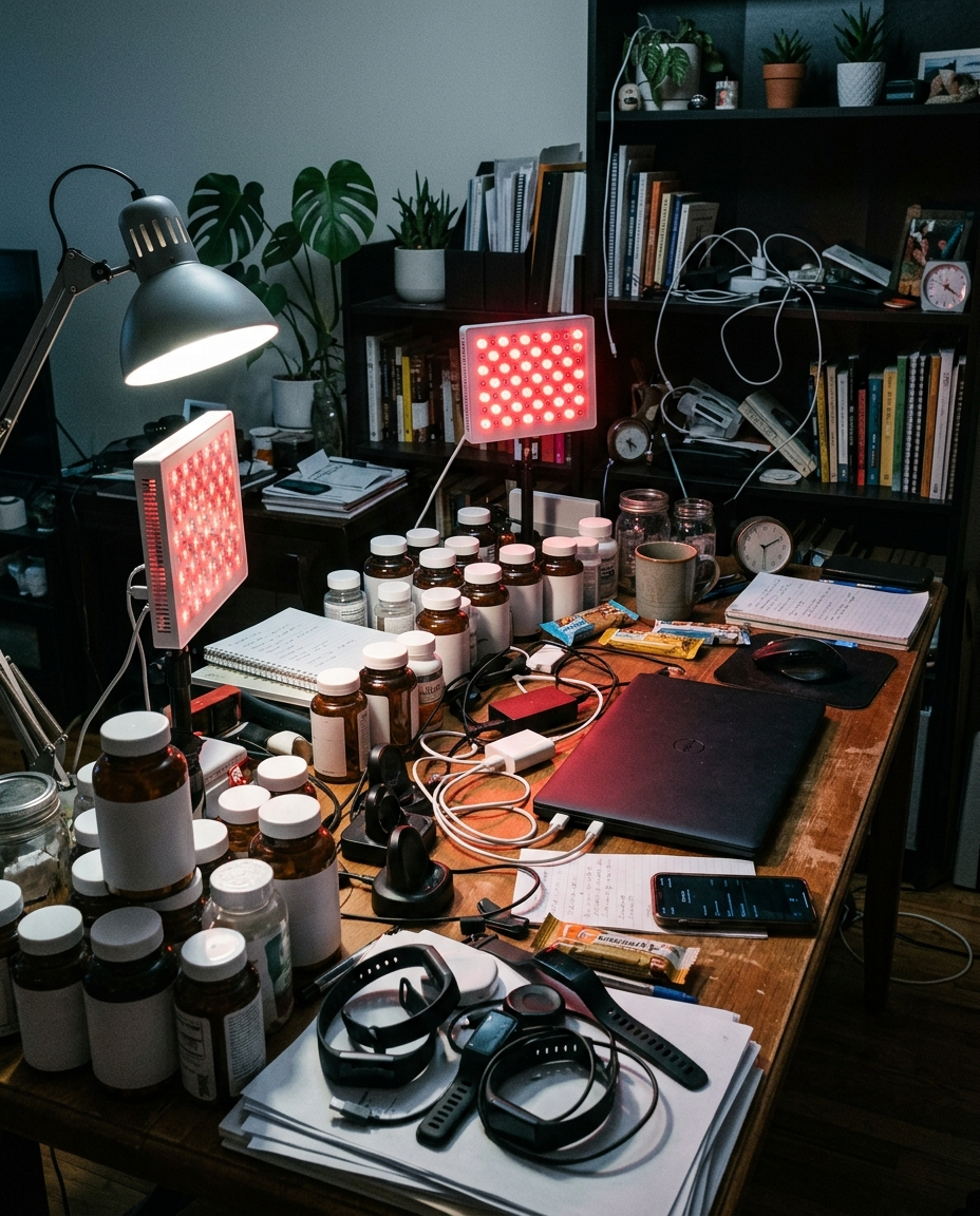 A cluttered home office desk covered in supplement bottles, wearable trackers, and glowing red light panels, chaotic and overstimulating