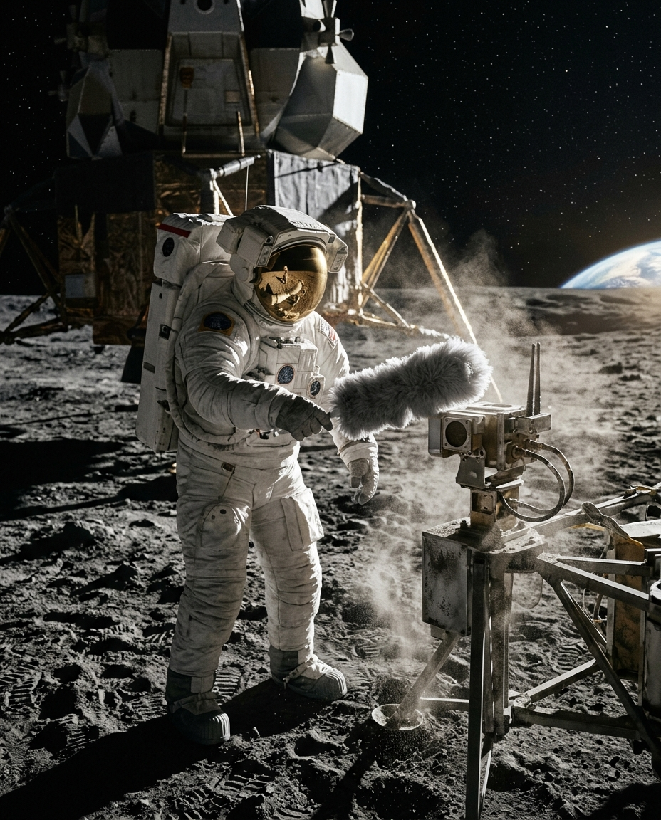 Astronaut in full spacesuit uses a large fluffy duster on lunar equipment outside a landing module