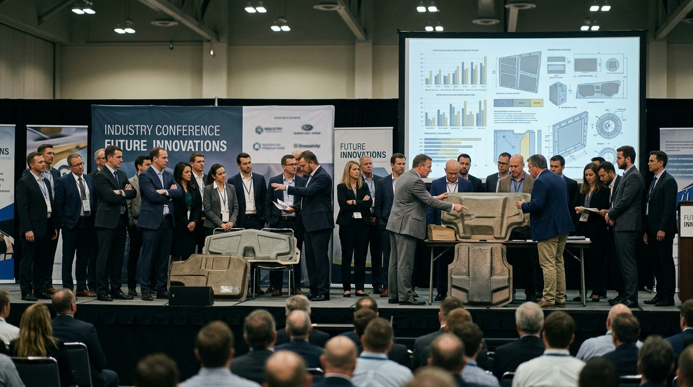Dozens of contractors in business attire crowd a conference room stage covered in charts and prototype dust-shield panels