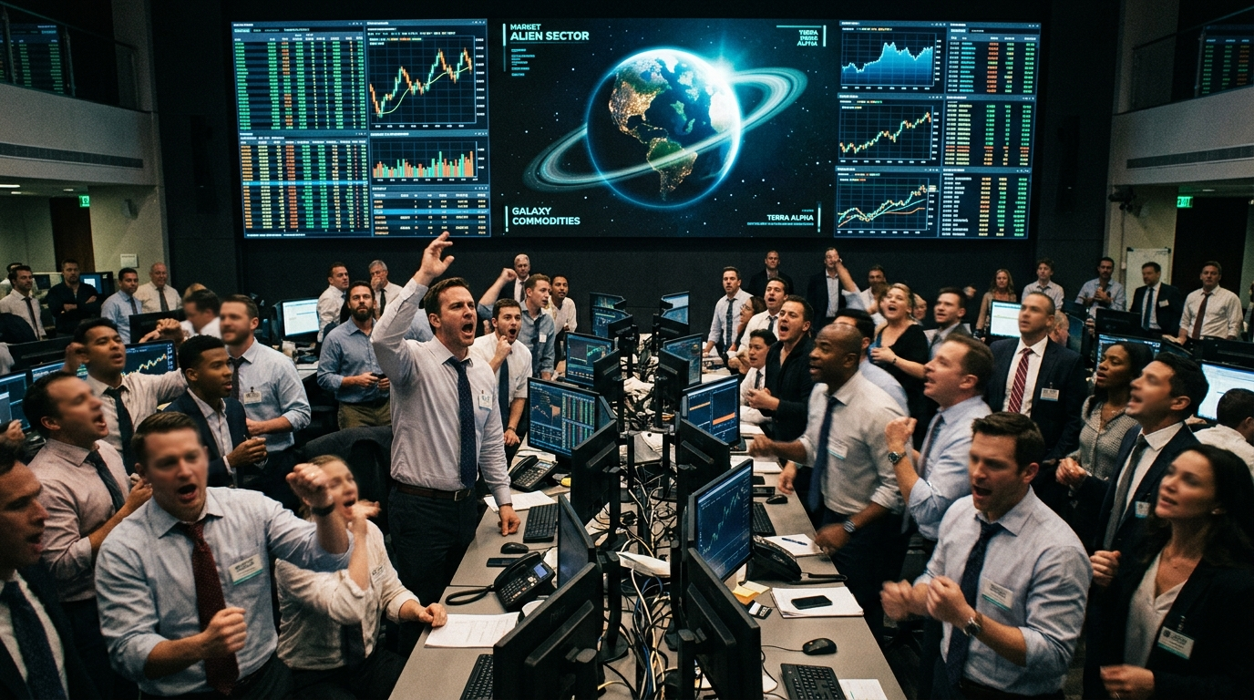 Traders on a busy commodities floor watching screens filled with exoplanet futures charts