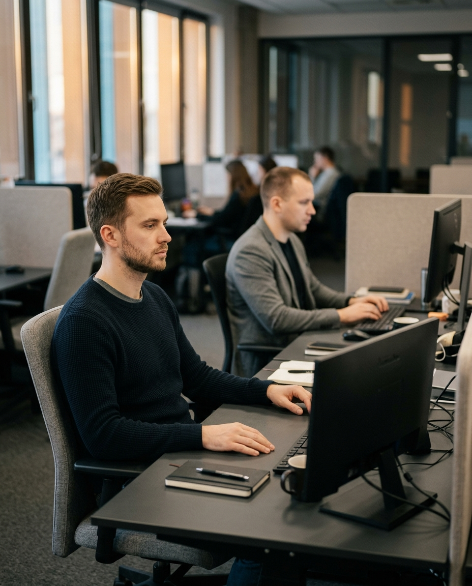 Two Meridian employees at adjacent desks in an open-plan office, one staring blankly at a turned-off monitor with a serene expression, afternoon light through tall windows