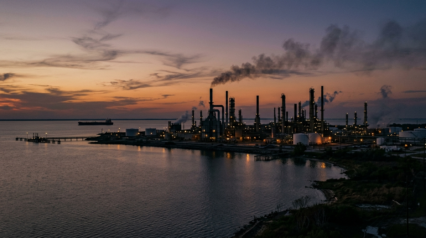 A wide shot of an oil refinery at dusk beside a calm gulf coastline, smoke plumes rising gently against an orange sky, a distant tanker on the water