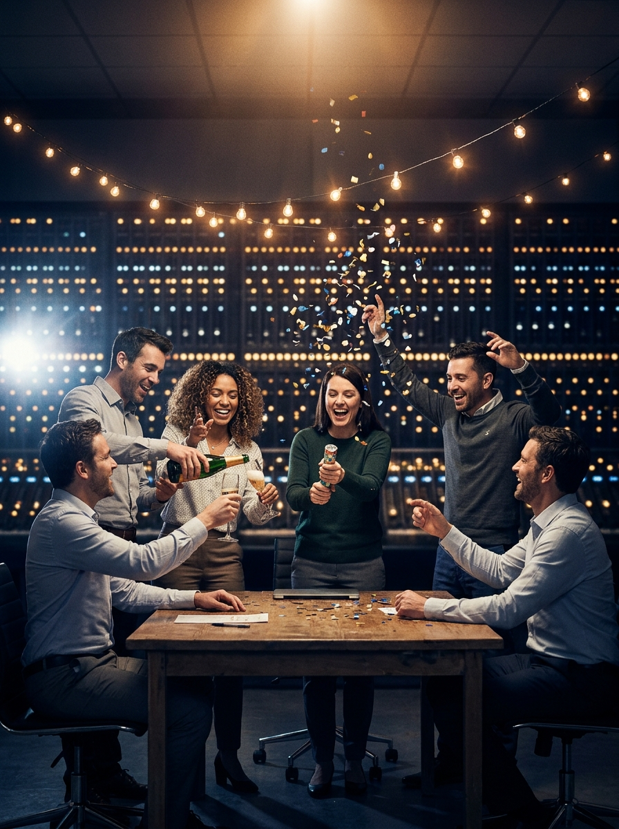 Marketing staffers pop confetti cannons in a control room as the eight-month countdown reaches zero