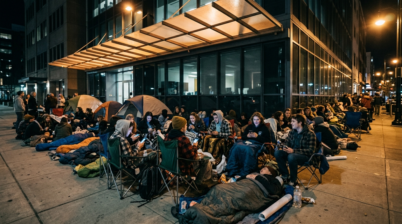 Fans camped outside a record label building check phones under a glowing canopy at night