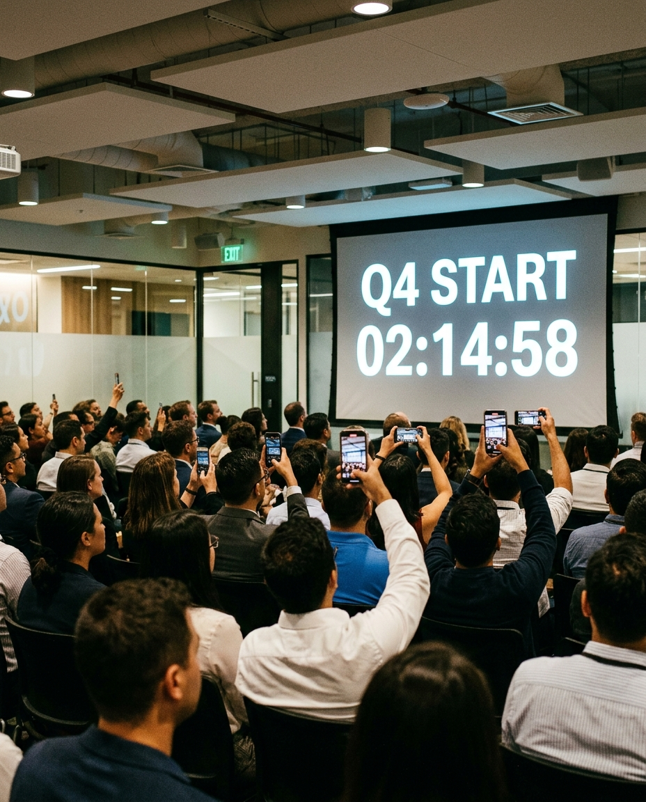 A crowded OpenAI all-hands meeting where employees hold up phones filming a countdown timer graphic labeled Q4