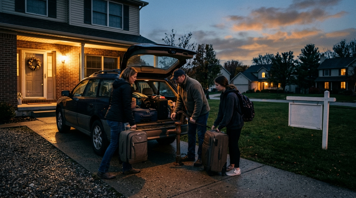 A family loads suitcases and a hand-cranked well pump into a car in a suburban driveway at dusk
