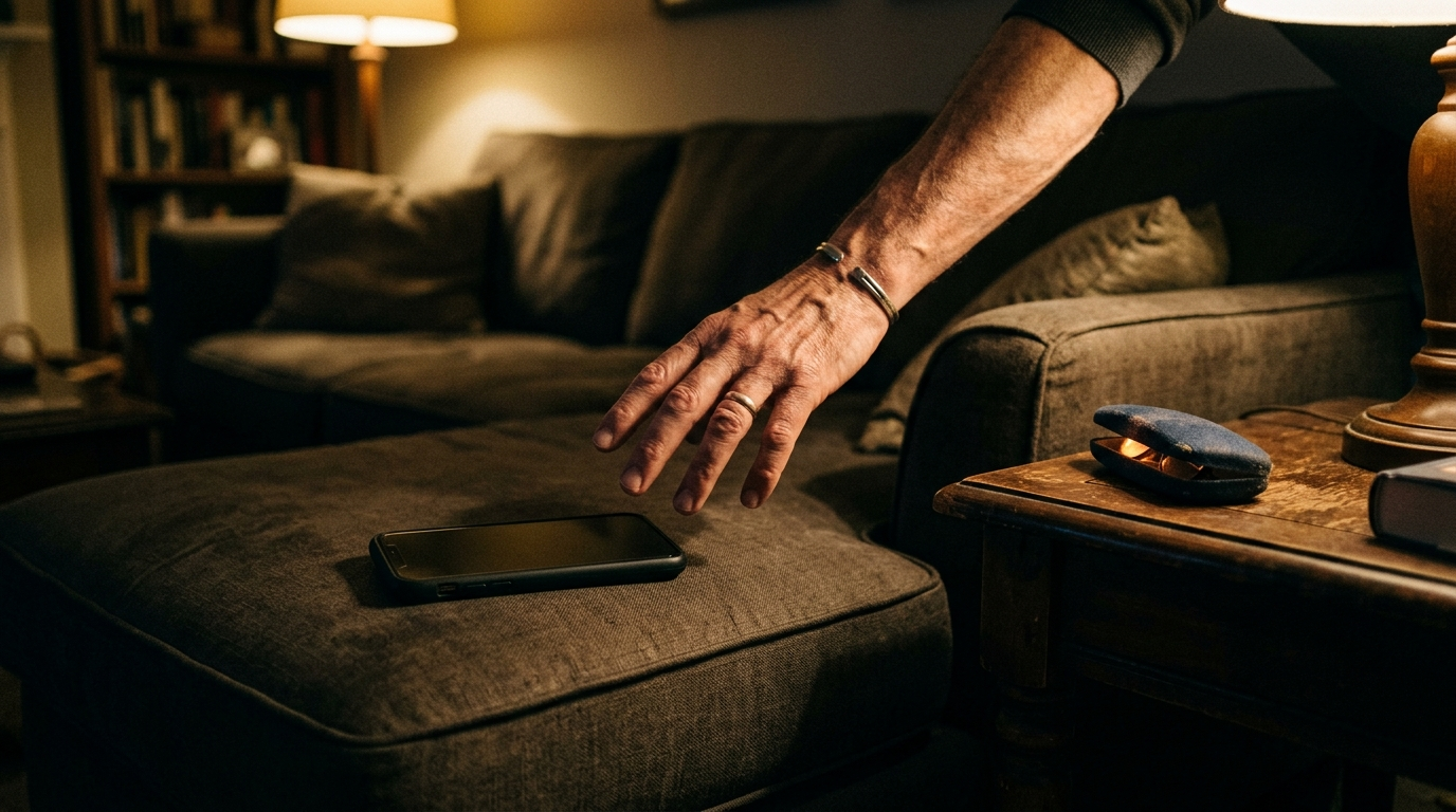Close-up of a hand reaching for a smartphone on a couch cushion, a small illuminated glasses case sitting nearby as if watching