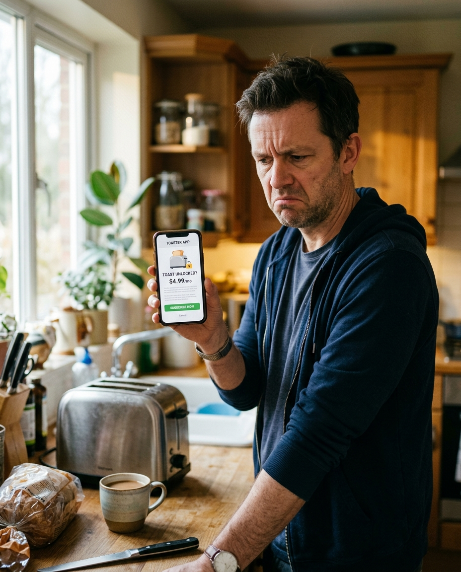 A frustrated customer staring at a toaster app subscription paywall on their phone
