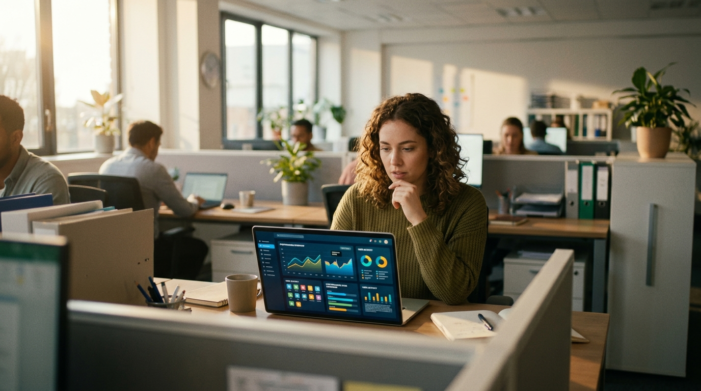 Office worker looking at a toast administrator dashboard on a laptop screen