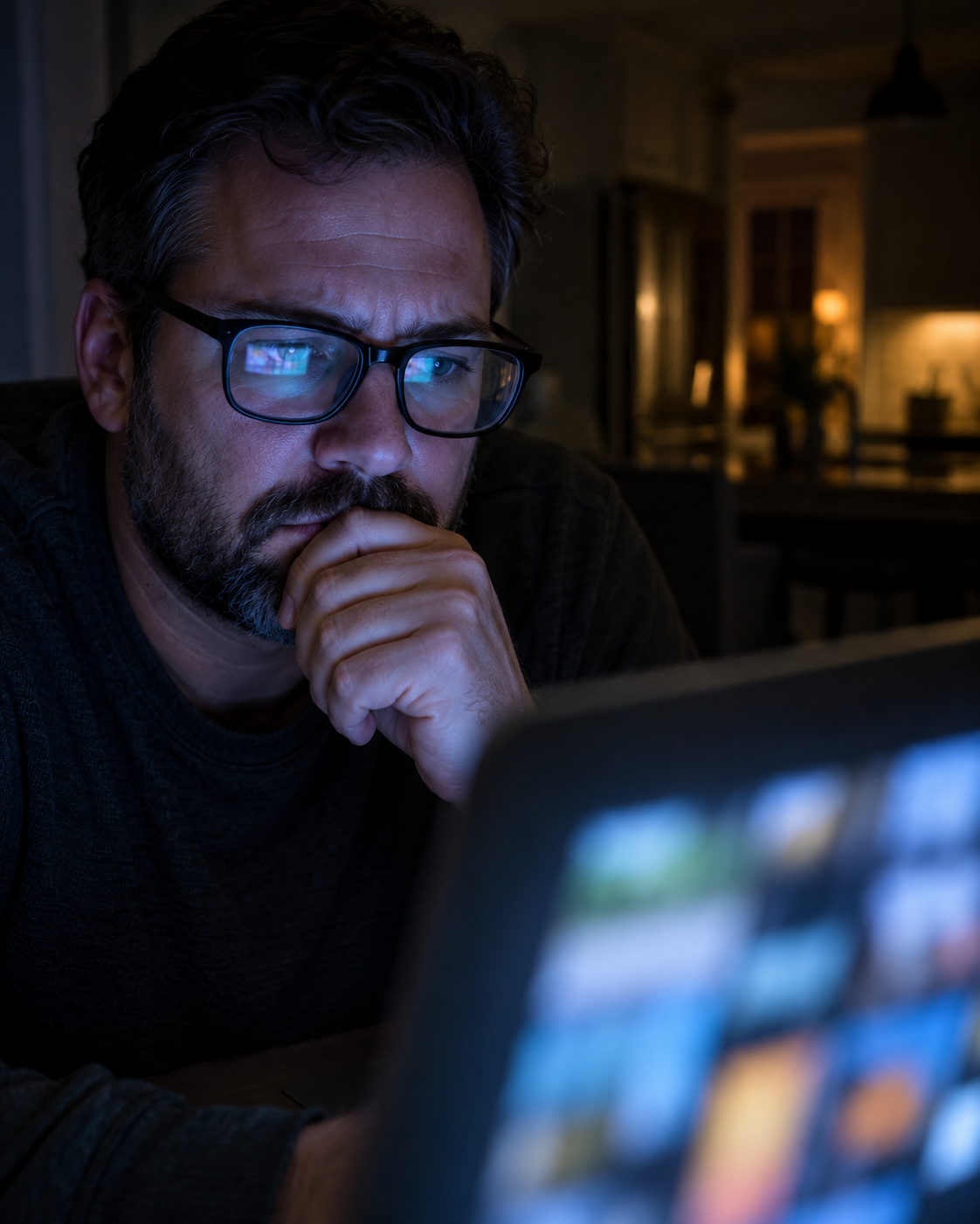 Close-up of a laptop screen glowing in a dark kitchen, reflected in a man's glasses, showing an endless scroll of angry neighborhood comments