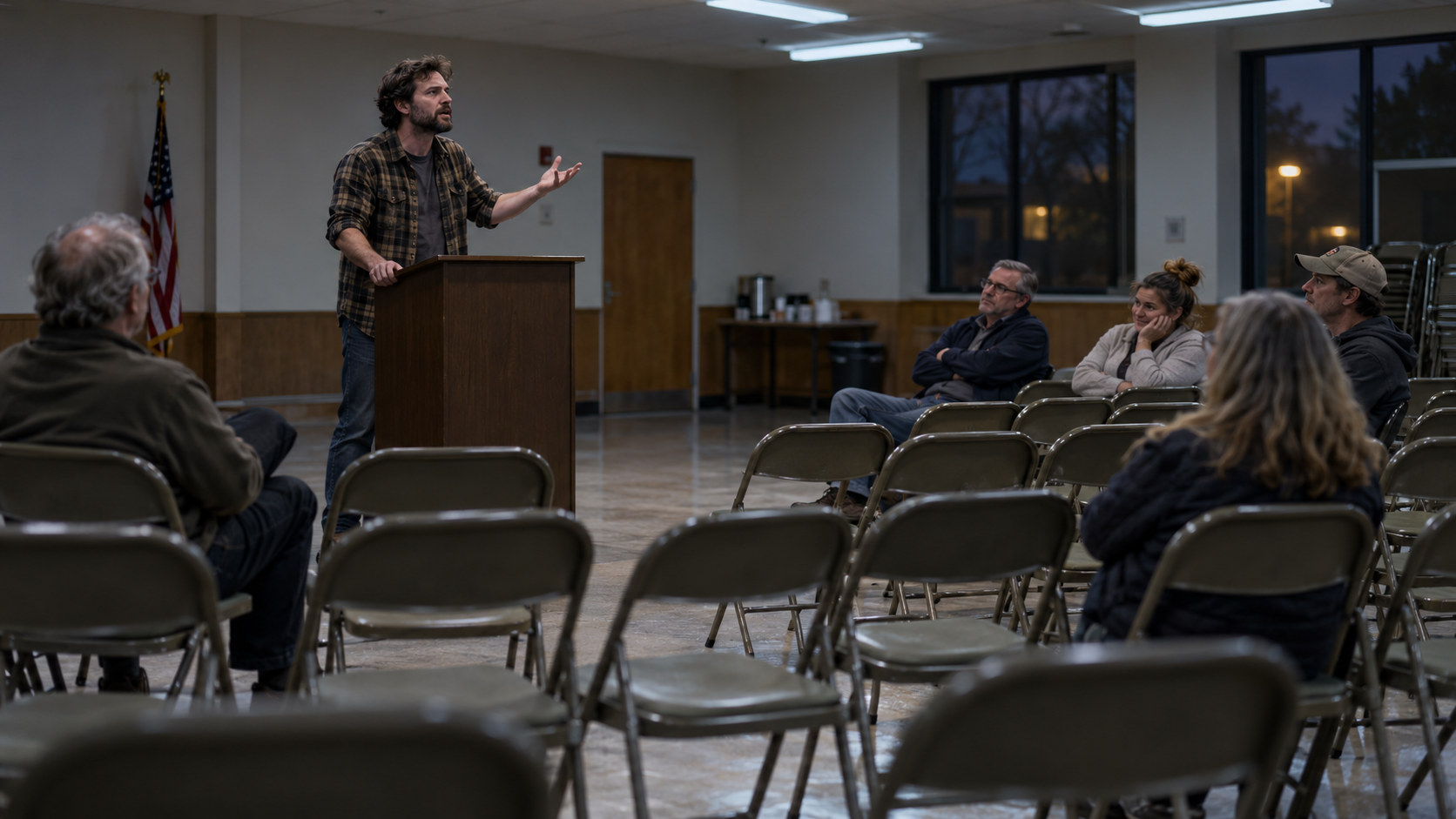 A town hall meeting room with folding chairs mostly empty, one man standing at a podium gesturing emphatically while a handful of neighbors look on with mixed expressions
