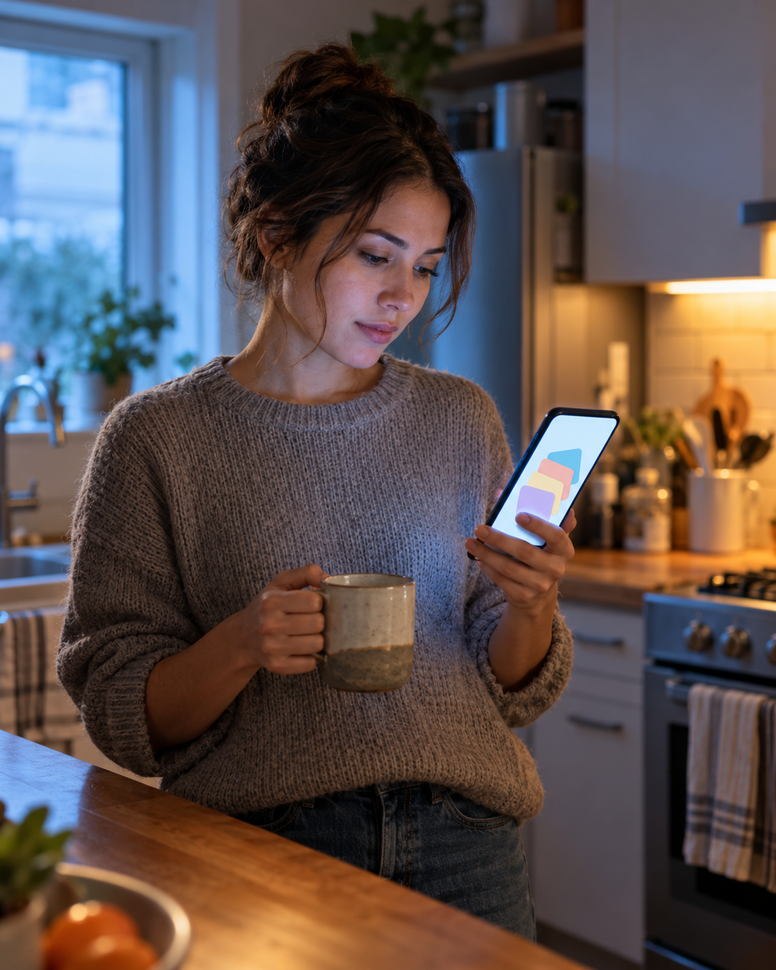 A customer checks a phone app showing four stacked payment reminders