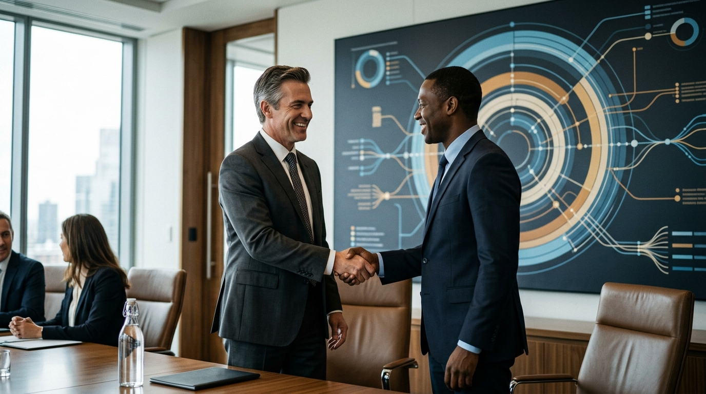 Two rival executives shake hands beside a chart of nested payment cycles