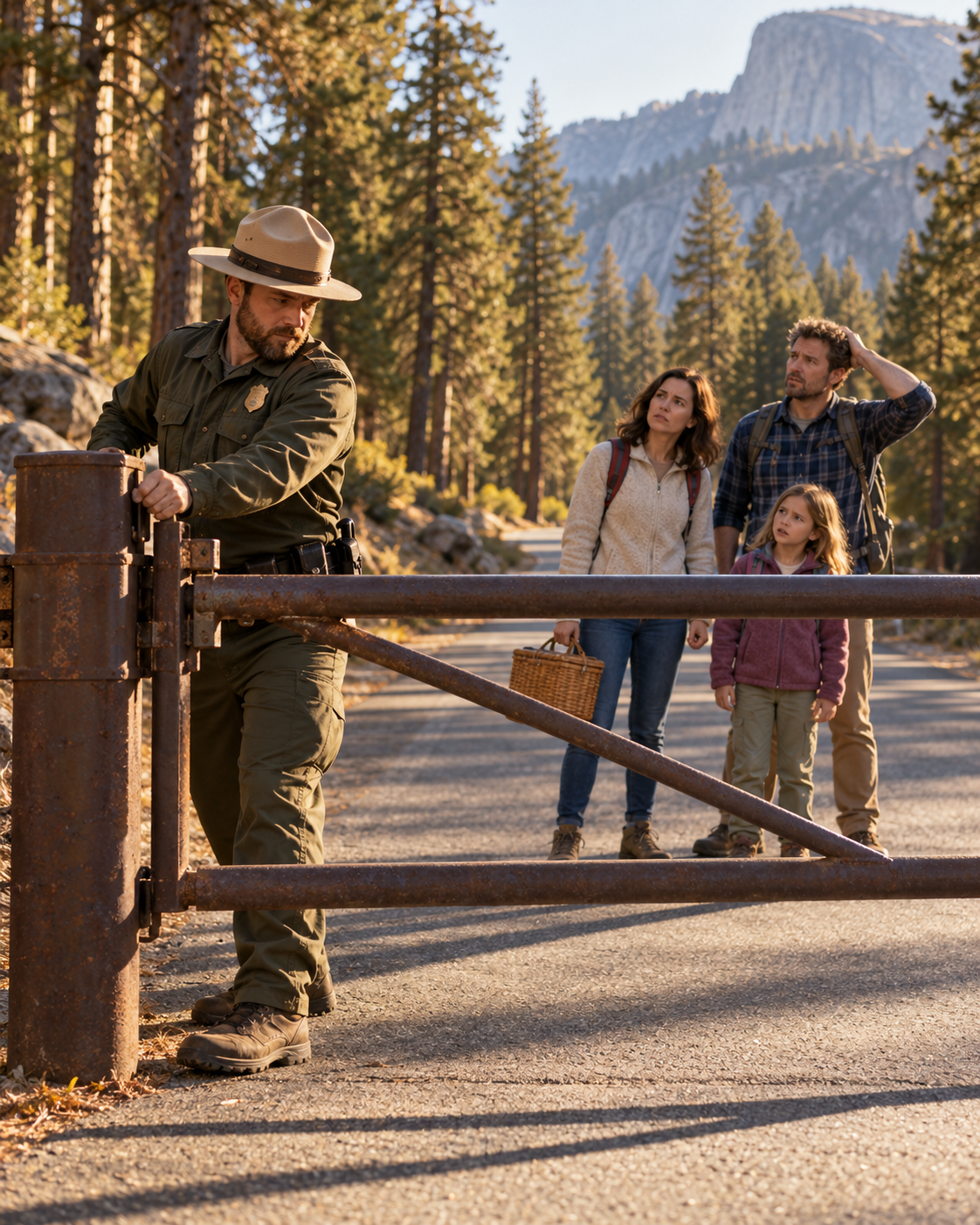 A park ranger swings a gate shut across a forest road at 1 p.m. on a Friday while a family with a picnic basket looks on