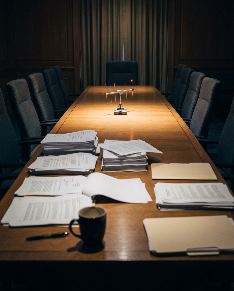 A conference table scattered with printed contract pages, a coffee mug, and a small blinking antenna model standing in for the alien delegation