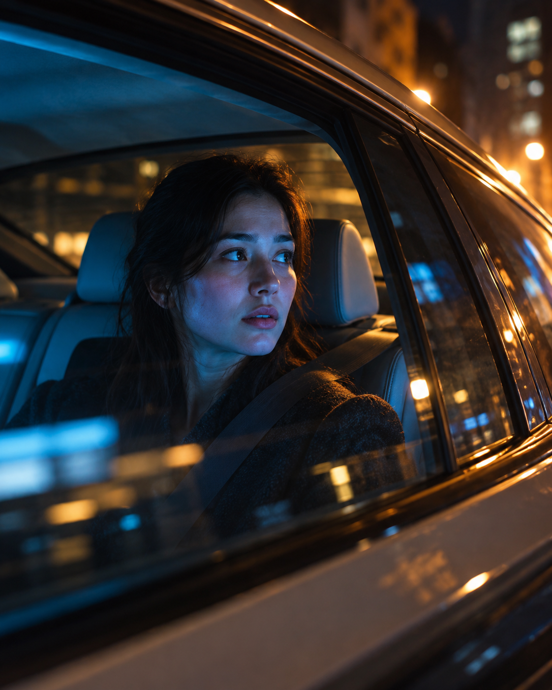 Close-up of a passenger inside a self-driving car, lit blue by a dashboard screen, staring out the window at an unseen billboard