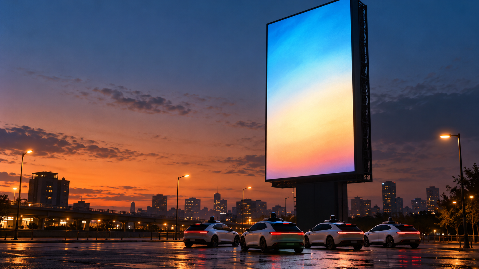 A wide shot of a city street at dusk, several identical self-driving cars all stopped near the same glowing billboard