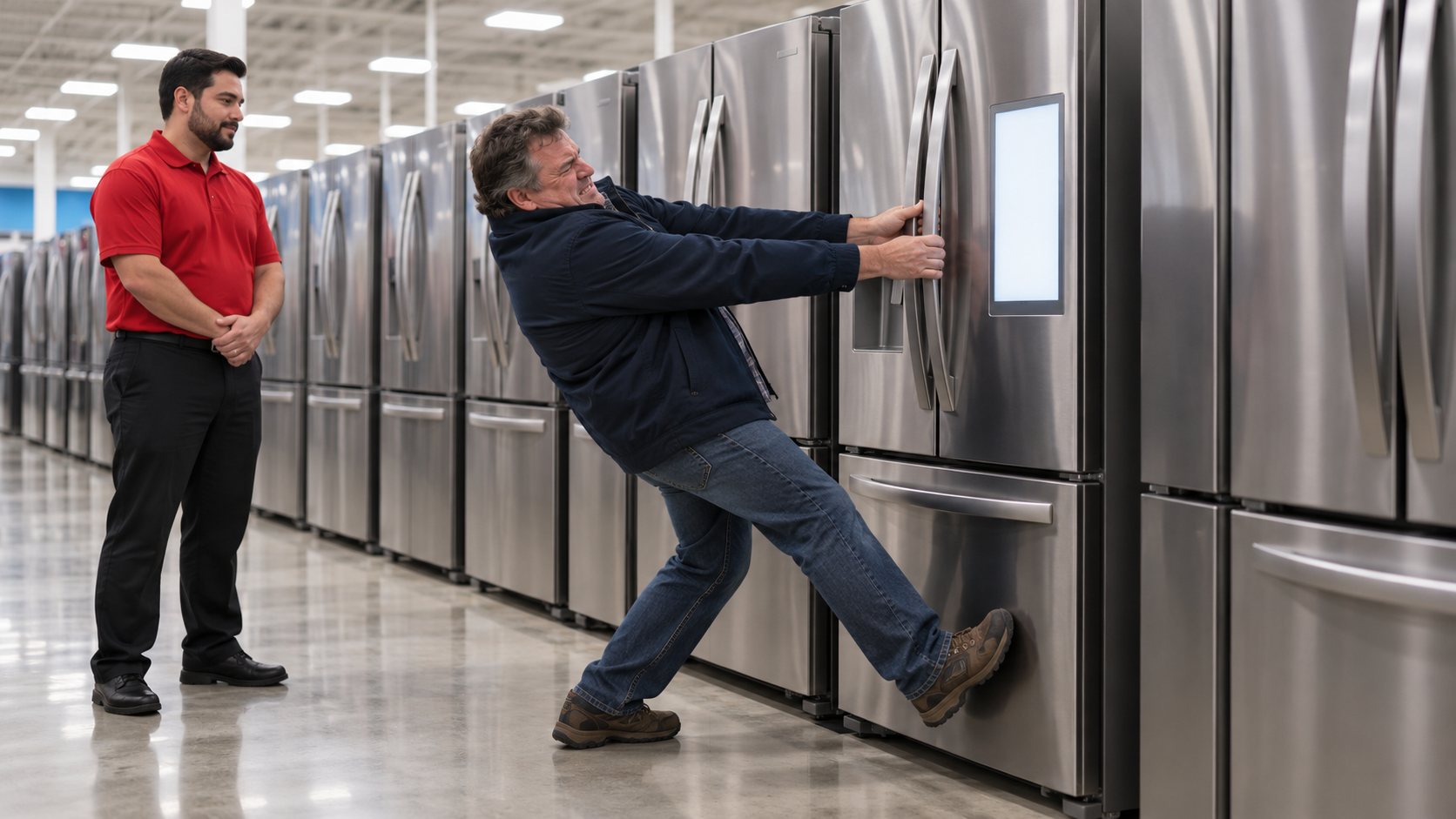 A shopper tugs on the handle of a locked display refrigerator at a Columbus appliance store