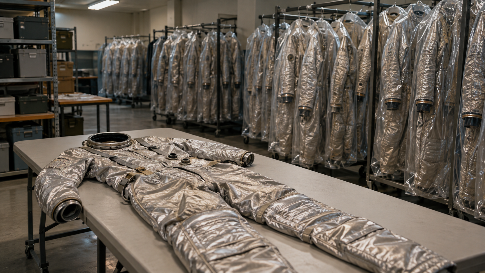 Rows of unused silver flight suits hanging in plastic garment bags inside a storage room, a single suit removed from its hanger and laid across a folding table