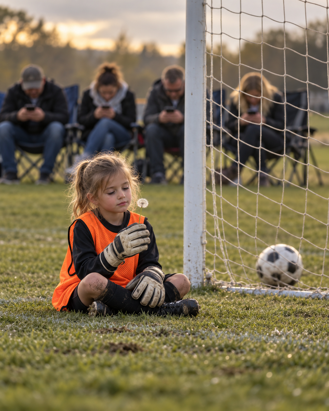A seven-year-old goalkeeper examines a dandelion as the ball rolls into the net behind her, while parents in the background stare at their phones