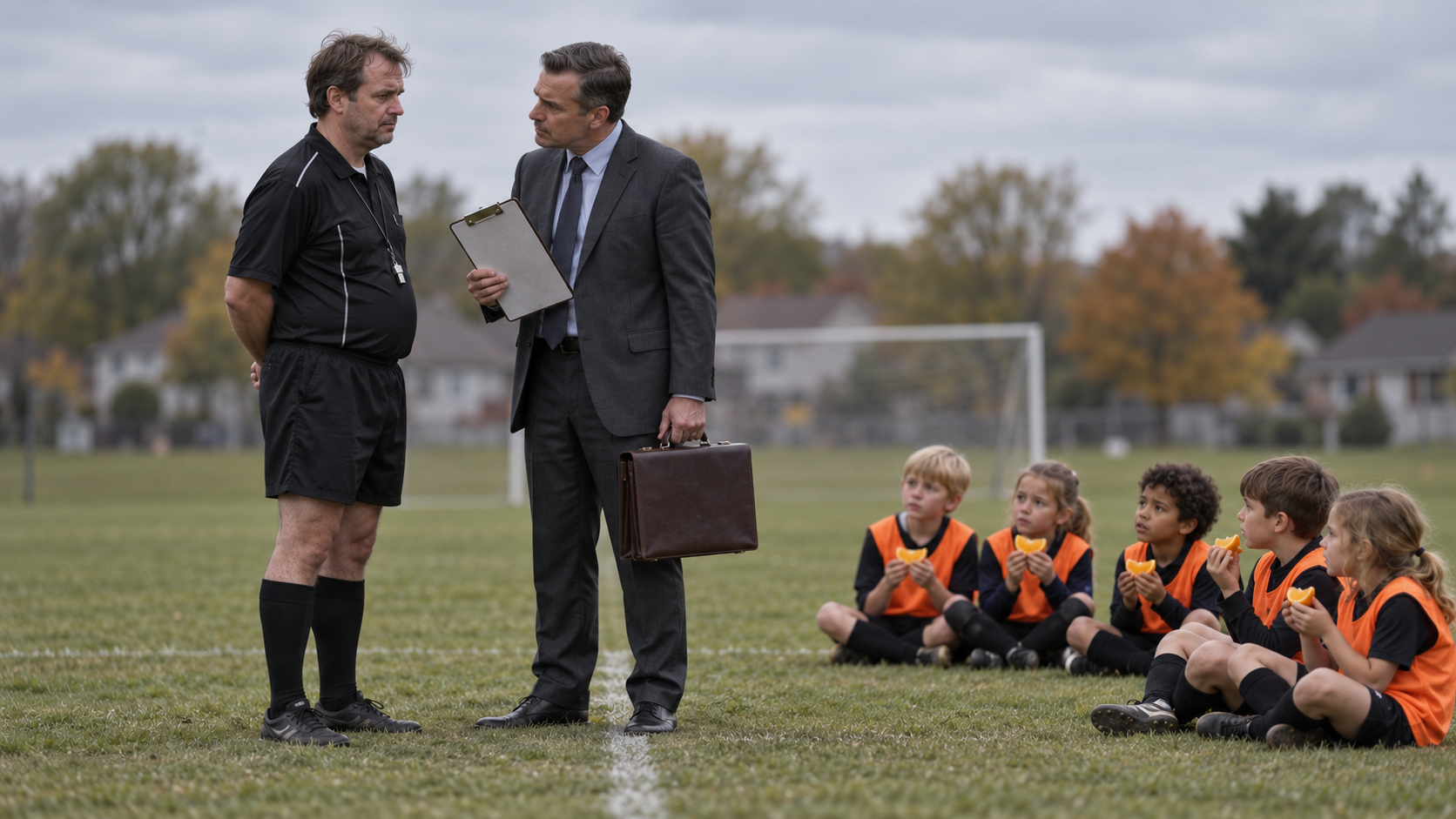 A man in a suit with a briefcase and clipboard questions a volunteer youth soccer referee at midfield while children eat orange slices nearby