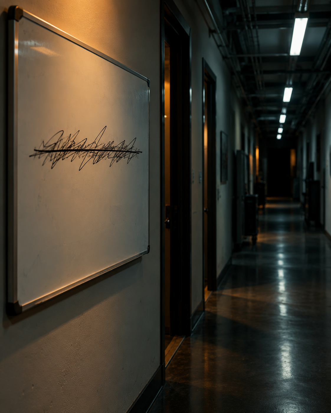 A whiteboard in a studio hallway with a show's title crossed out and replaced with the word Resting