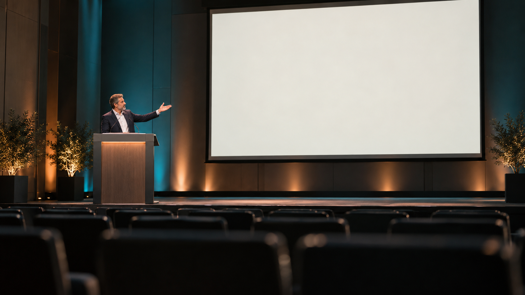 A studio executive at a podium gesturing toward a blank screen where a show title should be