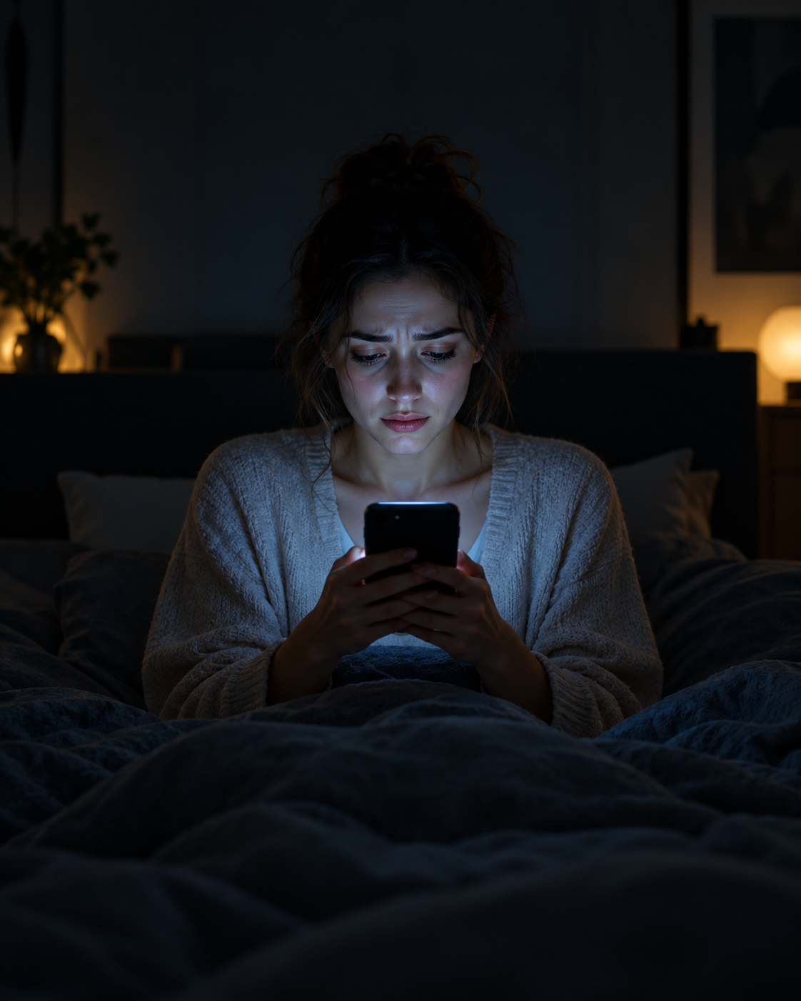 A woman checks her phone in bed at 2 a.m., lit only by the glow of the screen