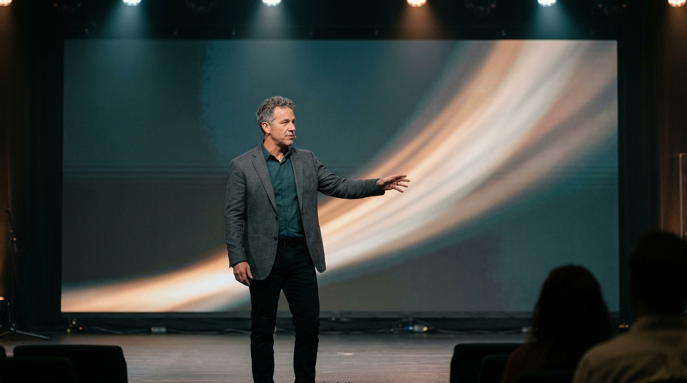 A founder presents a glowing chart on stage at a product launch event