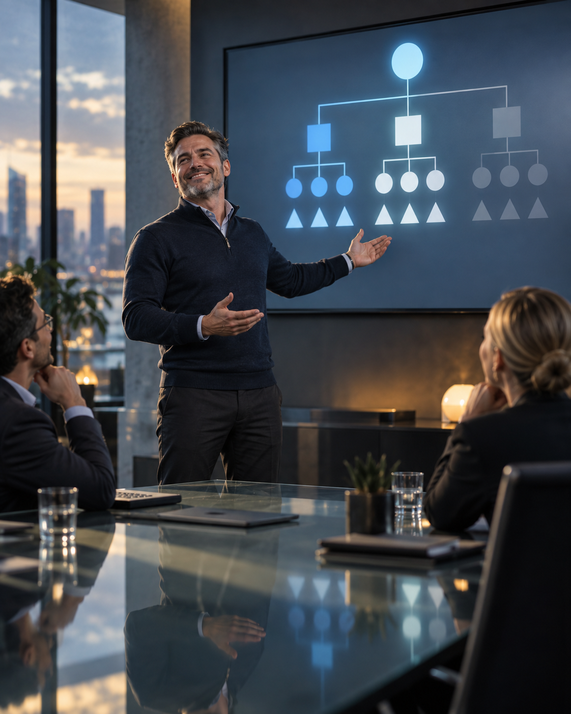 A CEO gestures proudly at a boardroom screen showing a fading organizational chart