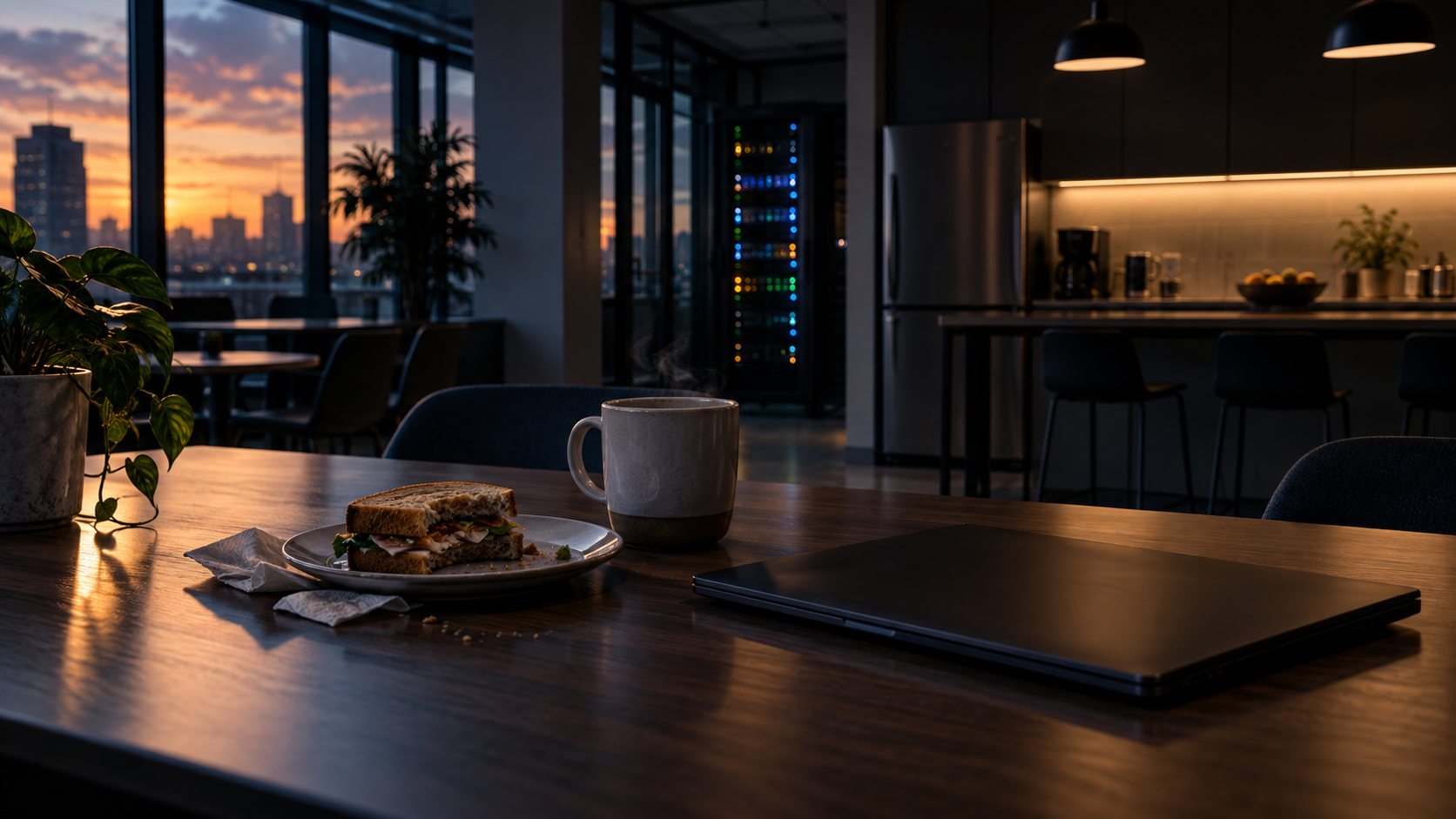 An empty office breakroom at dusk, a half-eaten sandwich beside a dark laptop