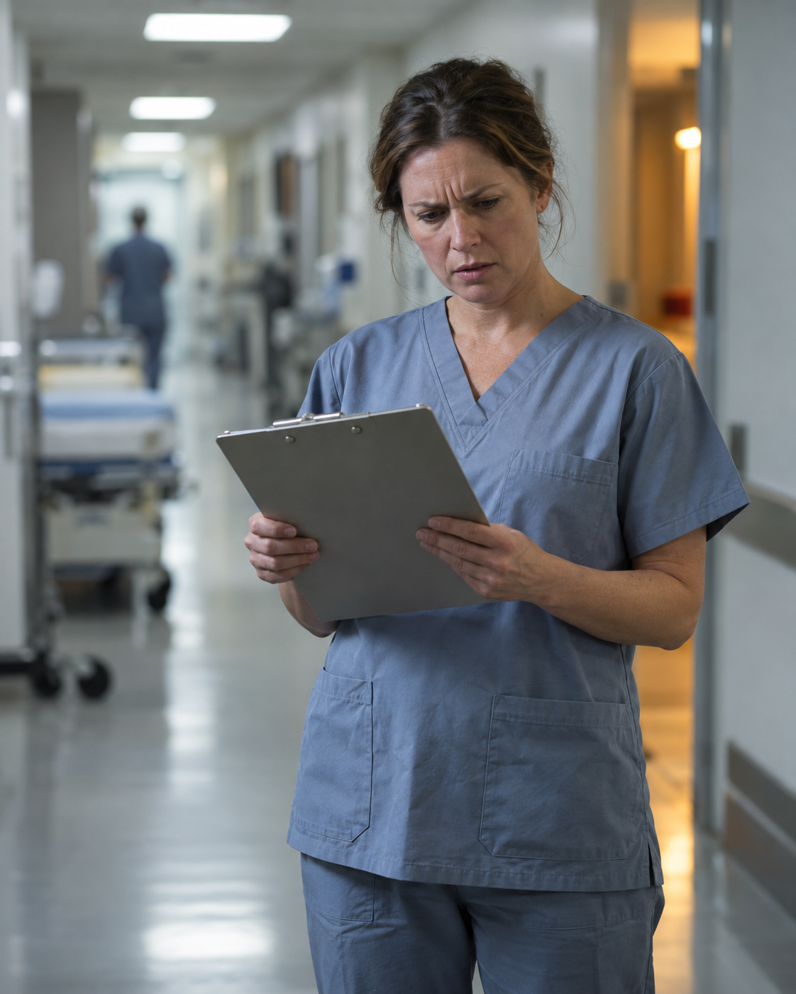 A confused hospital administrator studies a chart labeled with a fetal age instead of a birthdate, under fluorescent light